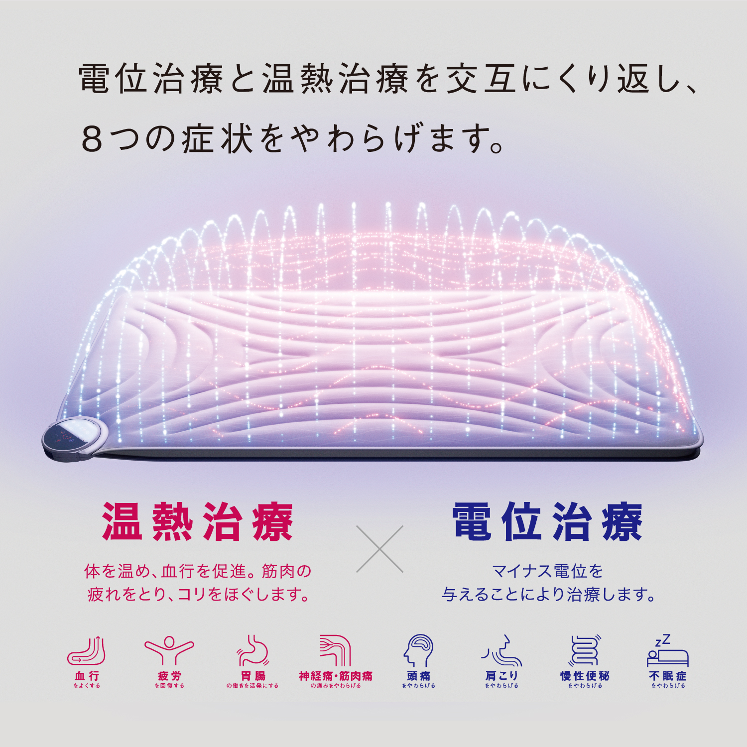 電位治療と温熱治療を交互に繰り返し、８つの症状をやわらげます。西川【ヘルシオン】は眠りの専門店かわので体験できます。
