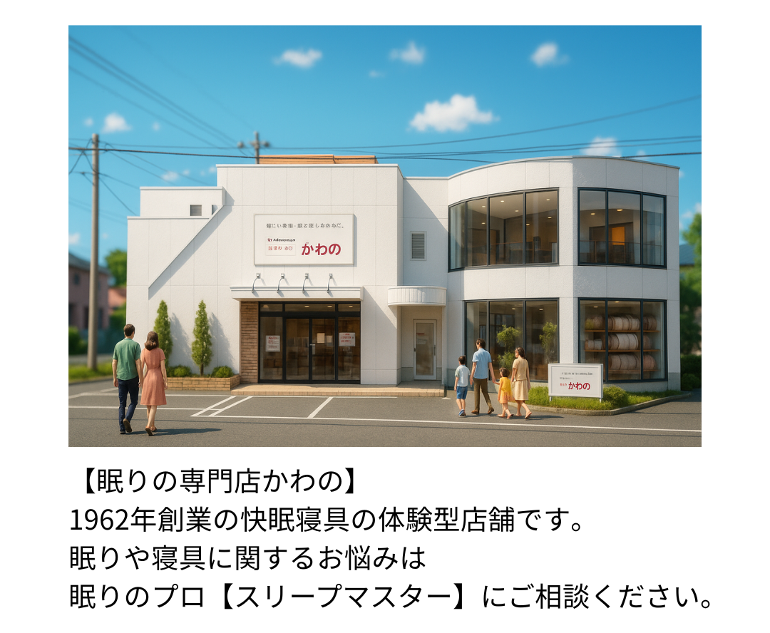 福岡県久留米市にある体験型の寝具専門店【眠りの専門店かわの】。上質な寝具がお得な価格で取り揃えてあります。眠りや寝具に関するお悩みは眠りのプロ【スリープマスター】が在籍する【眠りの専門店かわの】にご相談ください。